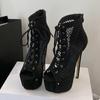 Spring Autumn Peep Toe Zip Mesh Ankle Boots Women Pumps Fashion Corss Lace Up Platform High Heels Stripper Pole Dance Shoe