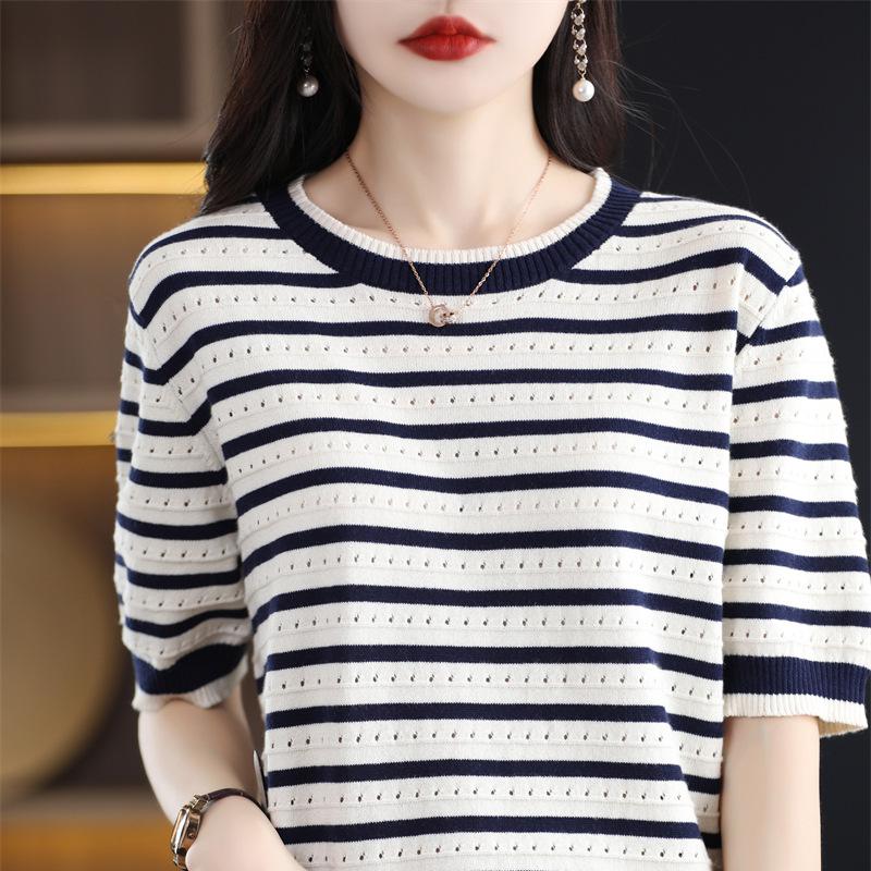 Crew Neck Striped Cotton Short-sleeved Women's Summertime Bottoming Shirt Relaxed Fit Versatile Cotton Thread T-shirt