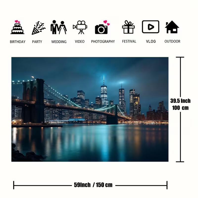 2D Brooklyn Bridge Backdrop, New York City Night Scene Background for Urban Themed Deco