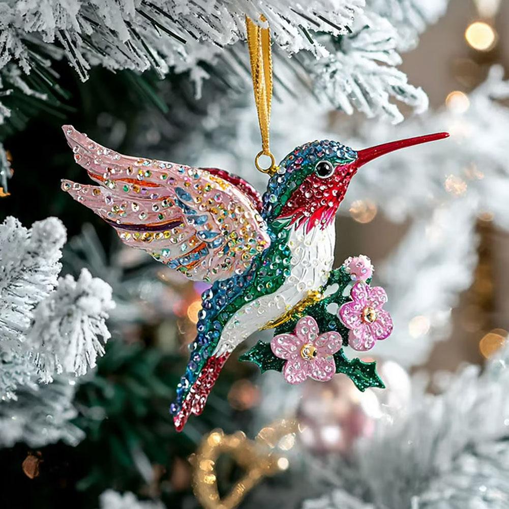 2D Acrylic Hummingbird Ornament Colorful Crystal - Like Bird With Flower For Christmas Tree Hanging Holiday Home Decor Pendant