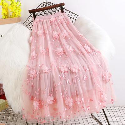 Vintage High Waist Skirt with 3D Floral Embroidery A-line Skirt for Women