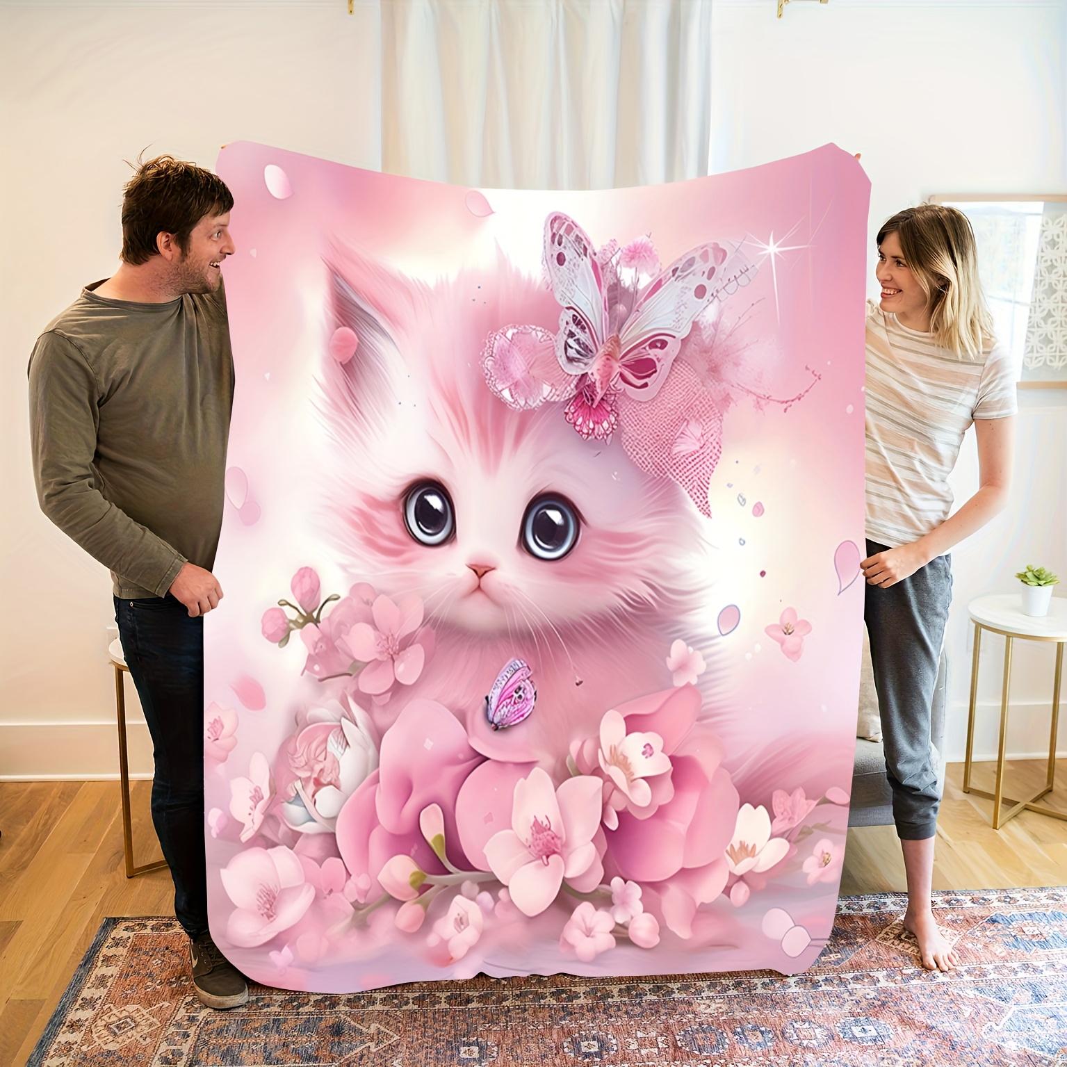 Charming Pink Cat Blanket, Soft Fleece with Butterfly and Flower Design for Cozy Home Decor, Perfect Gift Idea 75X95CM