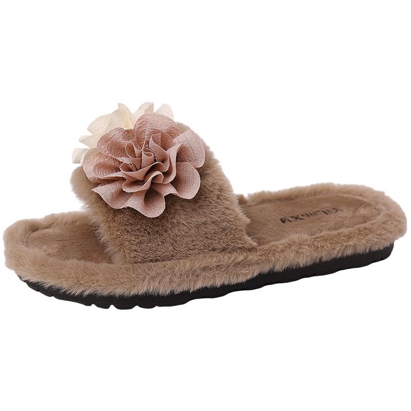 Design Sense Flower Plush Girl One-word Drag Autumn and Winter Fairy Retro Style Fashion Outer Wear Casual Style Mori Slippers