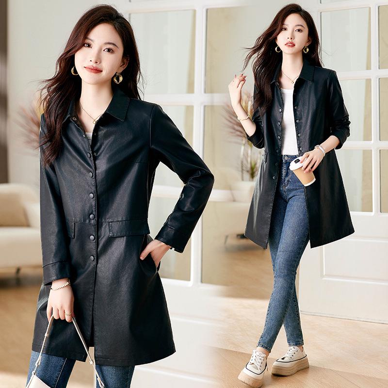 Women's High-End Slimming Lambskin Leather Jacket - Mid-Length Coat for Spring and Autumn