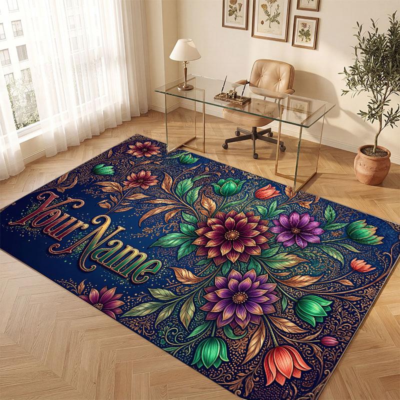 Floral Garden Theme Crystal Velvet Floor Rug Personalized Custom Name Text Warm Carpet Home Decoration
