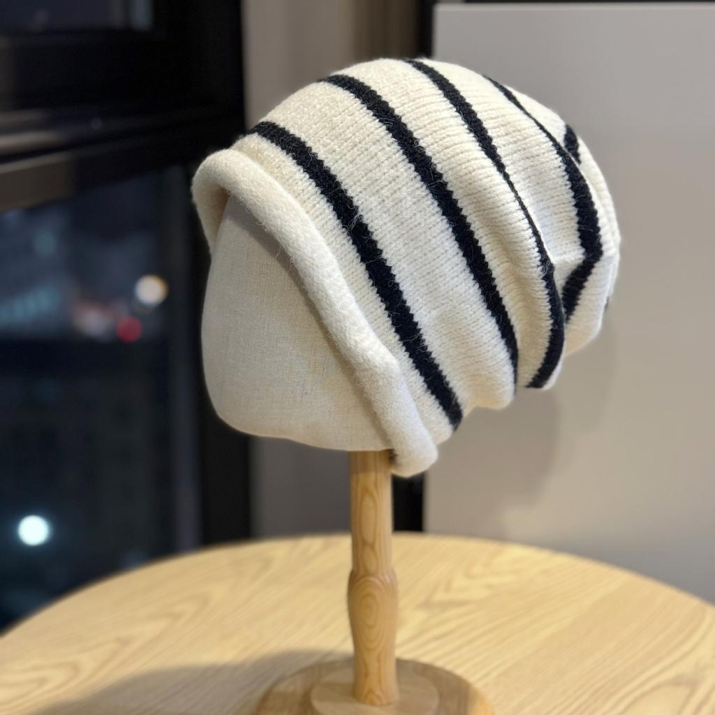 Autumn and Winter Warm Knitted Hat Fashionable Striped Woolen Hat Casual Face Showing Small Big Head Circumference Pullover Hat