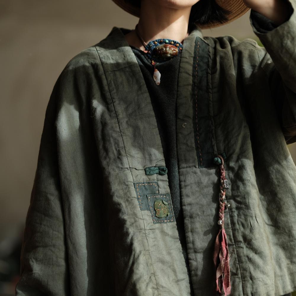 Johnature Vintage Women Patchwork V-Neck Long Sleeve Coats Autumn Single Button Coats