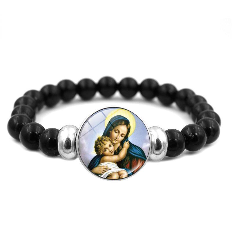 Christliches Jesus-Armband mit schwarzen Perlen, elastischer Schmuck, Jungfrau Maria, Glas-Druckknopf-Armbänder für Männer und Frauen, katholische Geschenke