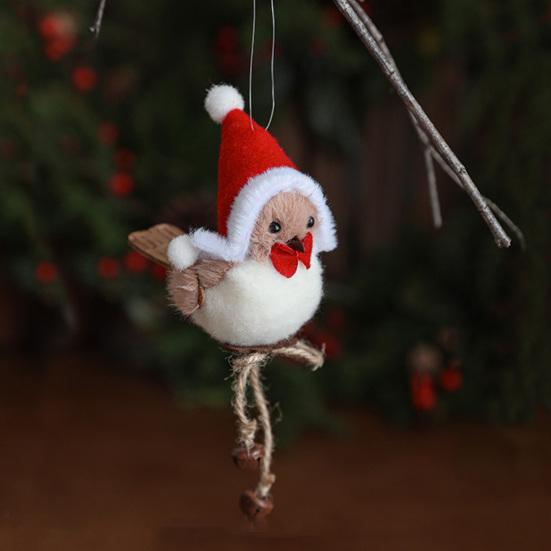 Roztomilý Nadýchaný Plyšový Ptáček Ozdoba na Vánoční Stromek Huňatá Pěnová Figurka Ptáčka s Červenou Čepicí a Šálou pro Vánoční Stromek Krb Stůl Sváteční Dekorace