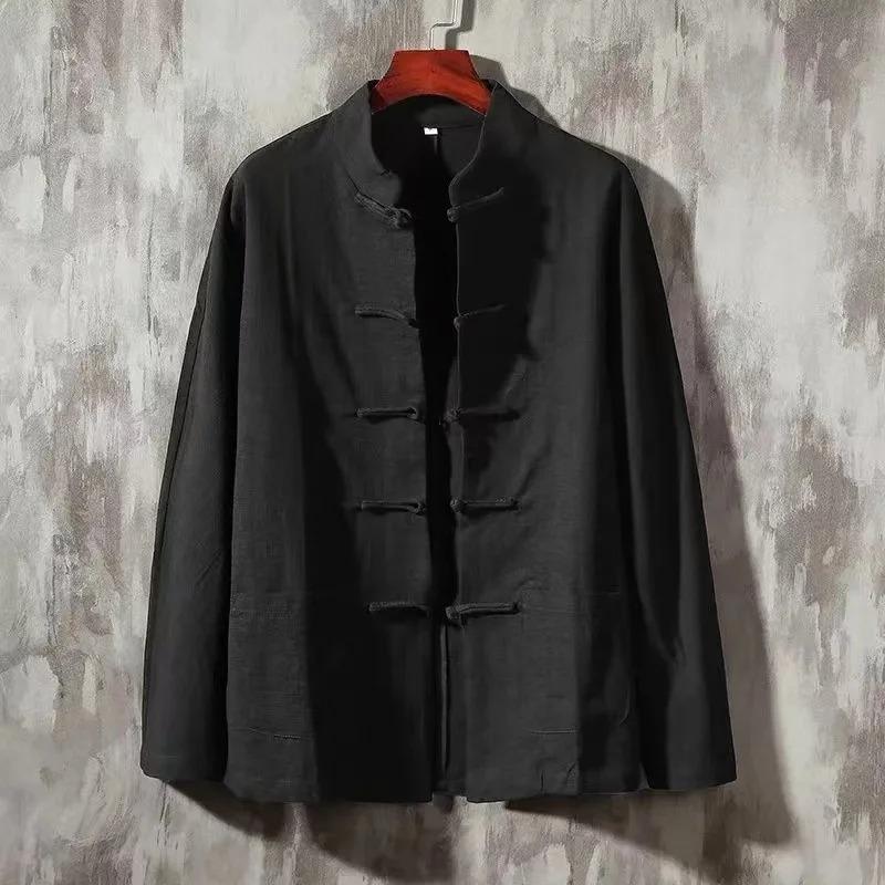 Men's Long Sleeve Frog Button Loose Blouse Oversized Linen Shier Collarless Autumn Spring