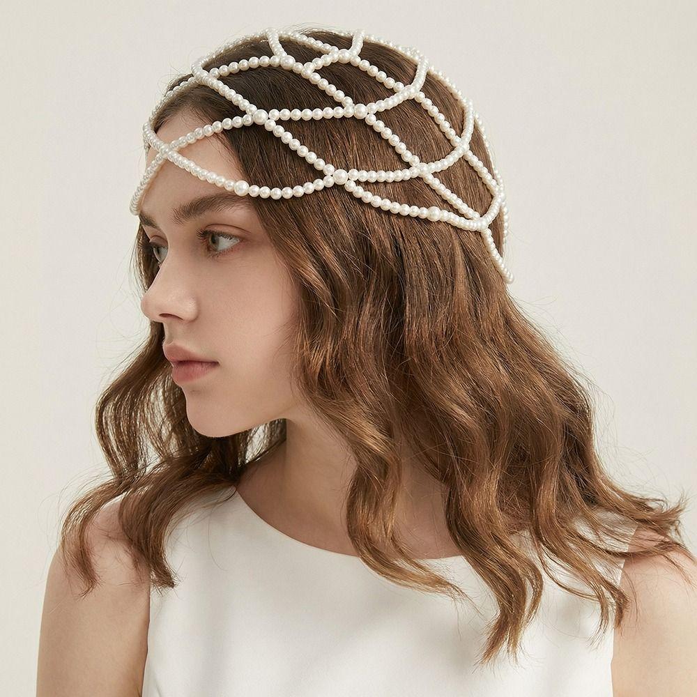 Hand-Made Pearl Hat Chain Pearls Weave Pearl Headpiece Stylish Bridal Head Ornament  Bridal Wedding