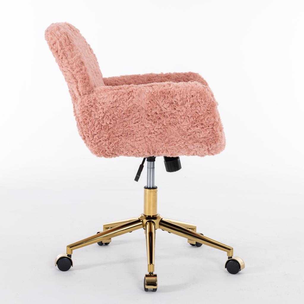 Flauschiger Kunst-Kaninchenfell-Schminktischstuhl, Rosa Höhenverstellbar 360 Grad Drehbar Home-Office-Stuhl mit Armlehne, Goldene Metall-Rollbasis,DE1831PK