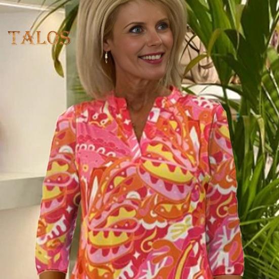 Damenkleid mit V-Ausschnitt, 3/4-Ärmeln, A-Linien-Kleid, leuchtende Farben, bedruckt, knielanges Kleid, Urlaub, Freizeitkleidung