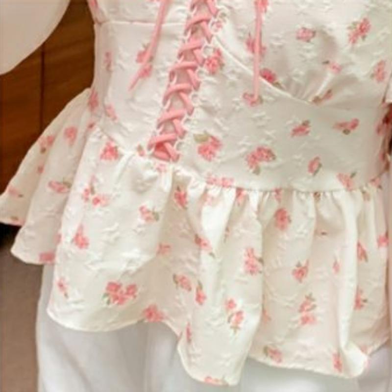 Fashionable and Versatile Bubble Sleeve Ladies' Tops Summer Shredded Ties Slim and Thin Ruffled Edge Shirts