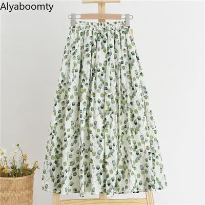 Mori Girl Frühling Sommer A-Linie Midirock Hohe Taille Frischer Pflanzendruck Süßer Rock Elegante Baumwollleinen Naturröcke
