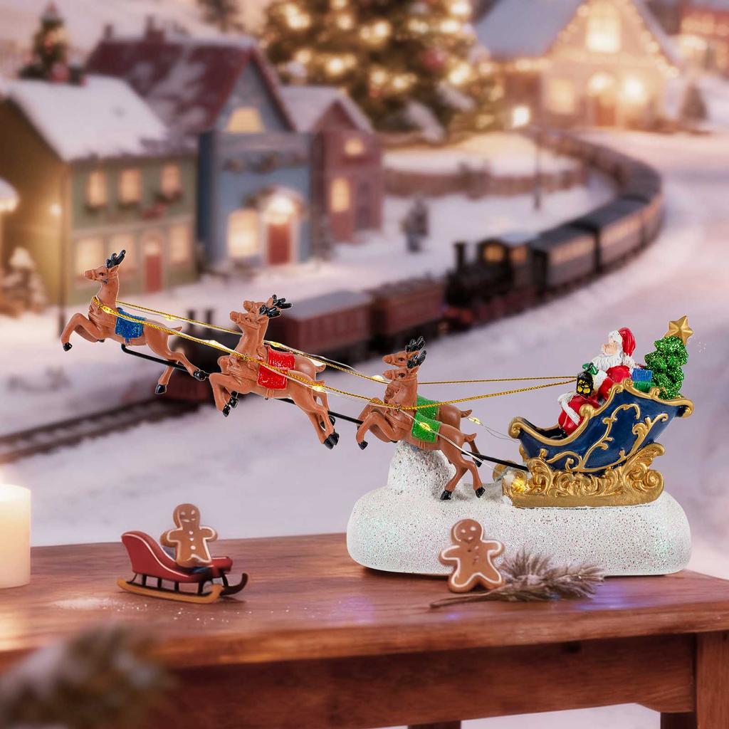Santa Sleigh with Reindeer LED Lighted, Christmas Village Accessories, Collectible Decoration, Holiday Decor, Xmas Tabletop