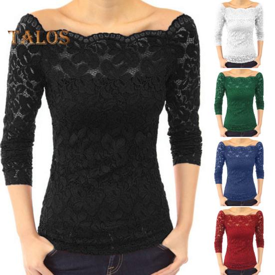 Damen Tops Schrägkragen Langarm Spitzenhemd Hohle Spitze Spleißen Einfarbig Slim Fit Stickerei Spitze Blumen Tops