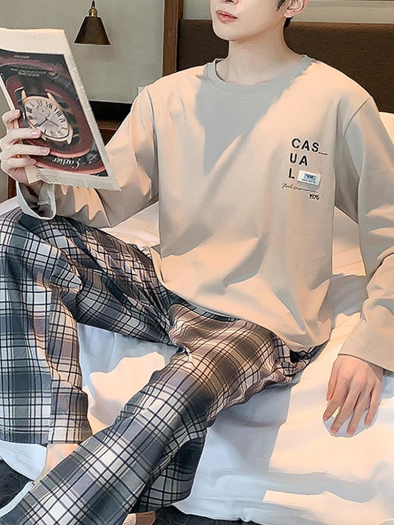 Herren Antibakterieller Langarm Pyjama Set - Rundhals, Lässig, Zweiteilig, für Frühling/Herbst/Winter.