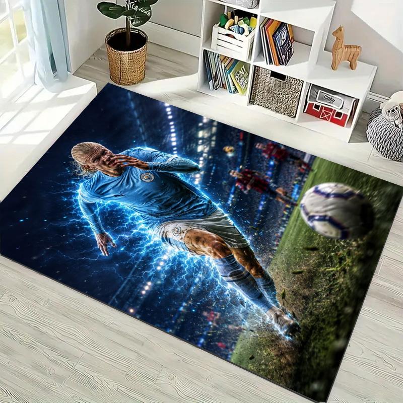 Lightning Effect Football Star Player Print Area Rug Sport Theme Non‑Slip Rectangular Floor Mat Home Decor For Gaming Bedroom