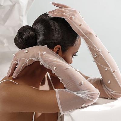 Vintage Transparente Hochzeits-Handschuhe Perlen Lang Ellbogen Fäustlinge Netz Armstulpen Damen Party Brautkleid Accessoires Foto VPM07