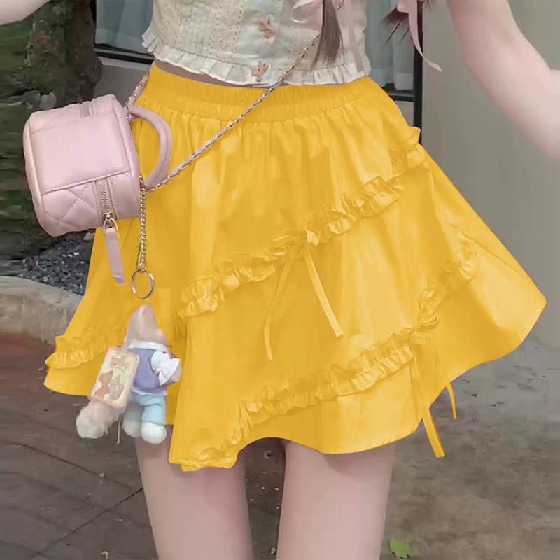 VONDA Women Casual Elastic Waist Solid Color Layered Ruffle Skirts