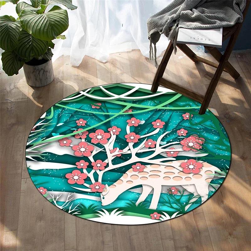 Forest Deer Round Carpet Soft Cartoon Rug Non-Slip Circle Floor Mat for Living Room Bedroom Sofa Bathroom Children's Dorm Decor