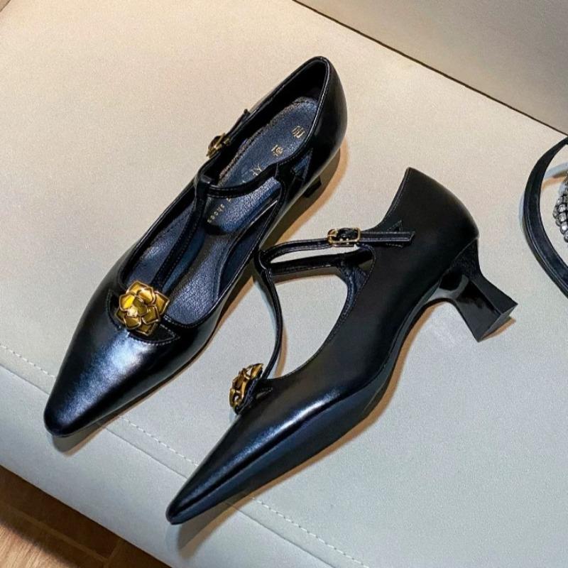 Mote Høst Nye Tynn Hæl Enkeltsko Damesko Spiss Tå Lav Utskjæring Metallblomst Sklisikker Slitesterk Lavsko