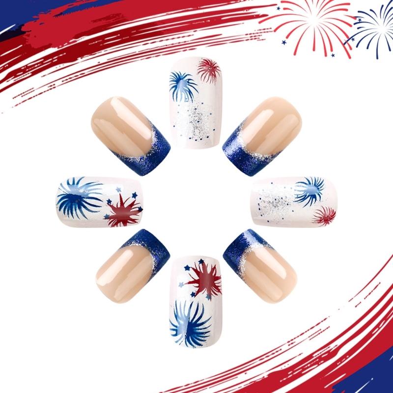 4th of July Press on Nail Square French Tip Fake Nail Independence False Nail with American Flag Star Stick on Nail