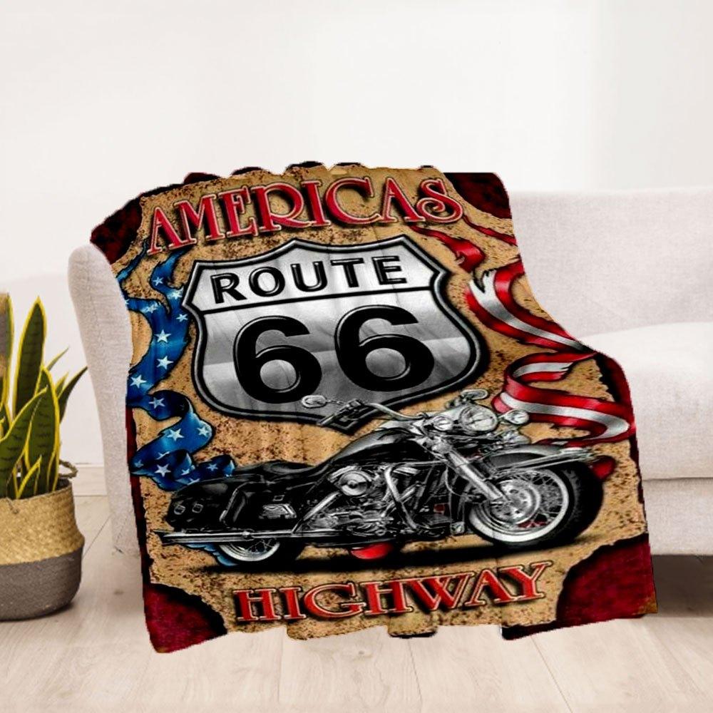 Route 66 Motorcycle Tin Sign USA Flag Decor Metal Poster Wall Art Gift 8x10inBlanket Flannel Throw Blanket for Sofa, Bed, Travel, Camping, O