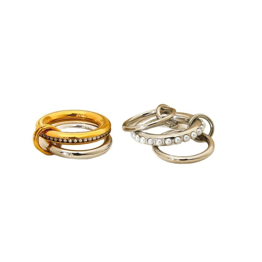 European and American Ins Light Luxury Zircon Stainless Steel Multi-layer Stacked Ring Plated with 18K Gold High-end Waterproof Jewelry Women
