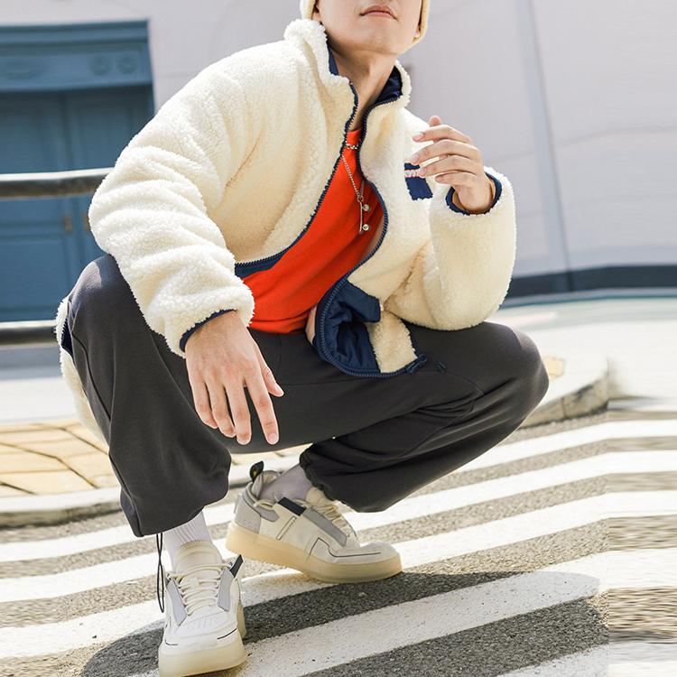 Anta Winter Lamb Fleece Warm Stand Collar Sports Jacket Men Jackets Vanilla-White 952138701-1