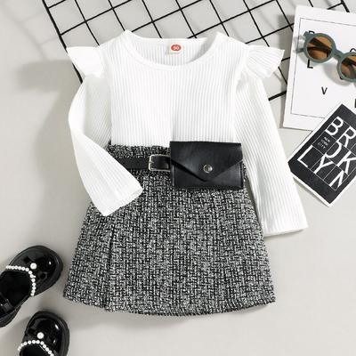 1-5Y Children's Clothing Girls Spring, Autumn and Winter Cotton Long-sleeved + Small Waist Bag + Skirt Suit Children 3pcs Suit