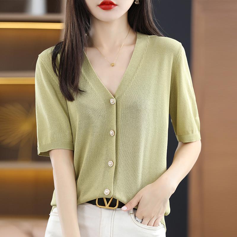 2025 Summer V-neck Knitted Short Sleeve Women's Cardigan Mid-Sleeve Ice Silk Top