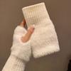 Women's Winter Half Finger Furry Gloves with Solid Color Insulation and Plush Long Sleeves for Daily and School Wear