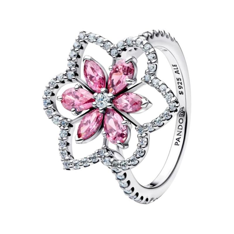 Pandora Double Flower Cocktail Silver Fashionable Spring Elegant Flower 925 Silver Ring Women s Silver/Pink 194577C01