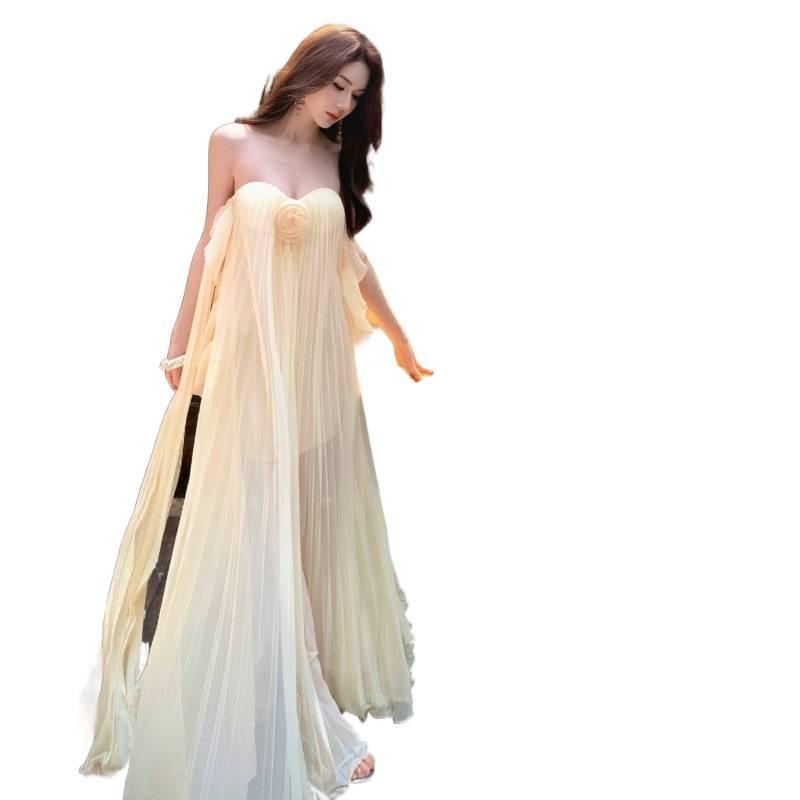 Mesh neck tube top backless atmosphere dress island vacation dress
