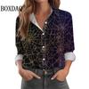 Neues 2025 Damen 3D-Druck Fledermaus Spinnennetz Langarmshirt Mode Halloween Party Lässig Täglich Revers Damen Langarmshirts