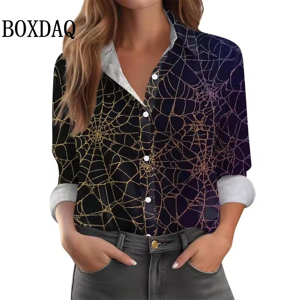 Neues 2025 Damen 3D-Druck Fledermaus Spinnennetz Langarmshirt Mode Halloween Party Lässig Täglich Revers Damen Langarmshirts