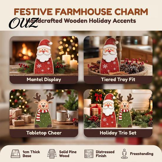Small Decorative Wood Art Pieces Wooden Christmas Tabletop Decor, Santa Snowman Reindeer Figurine, Rustic Shelf Sitting Ornaments Holiday Sitter