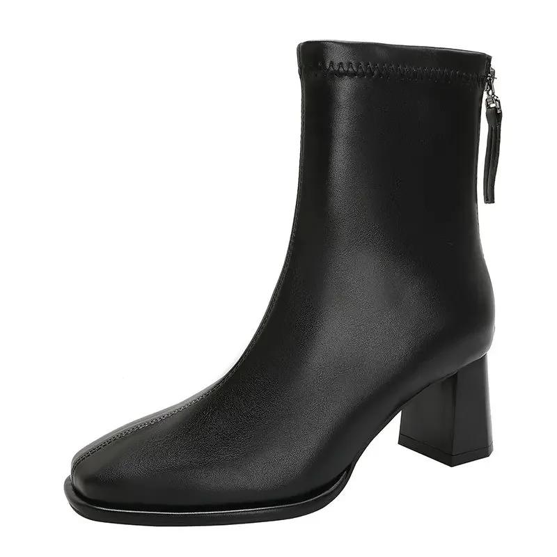 Fashion Autumn and Winter New Mid-leg Fashion Boots Square Head Thick Heel Thin Boots Brown French Ankle Boots