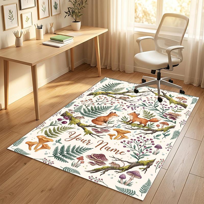 Forest Fox Theme Soft Crystal Velvet Rug Custom Name & Text Print Non Slip Floor Rug for Bedroom Living Room