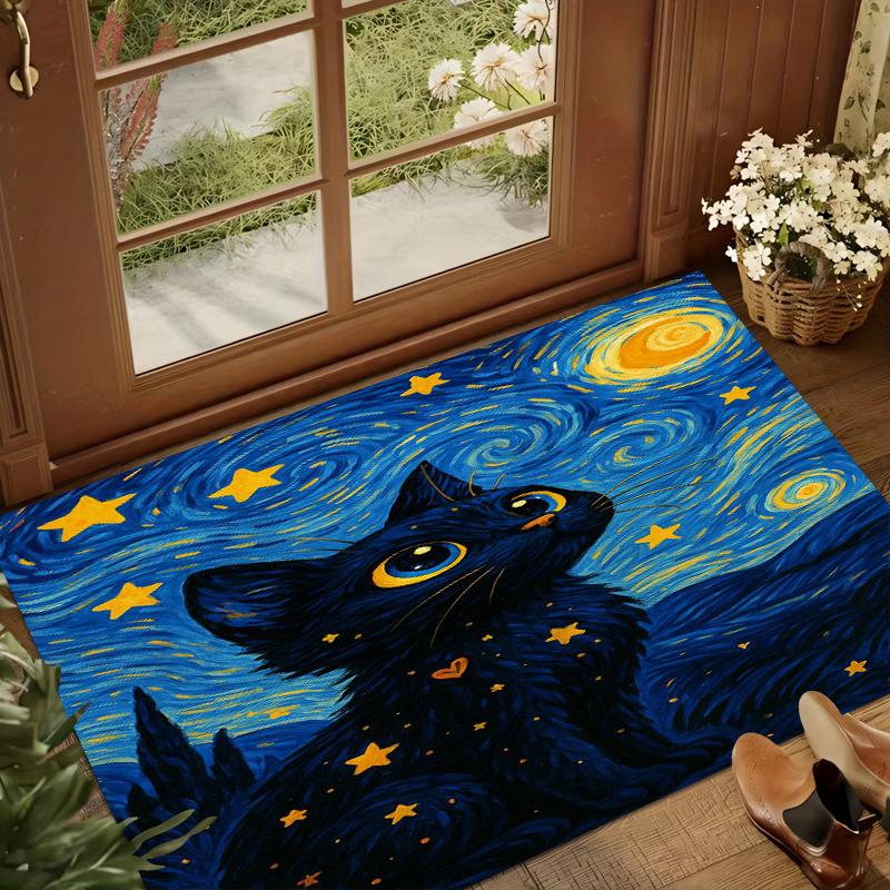 Starry Night Black Cat Doormat - Anti-Slip, Durable Home Decor Mat for Entrance or Bathroom, Unique Gift, Artistic Design