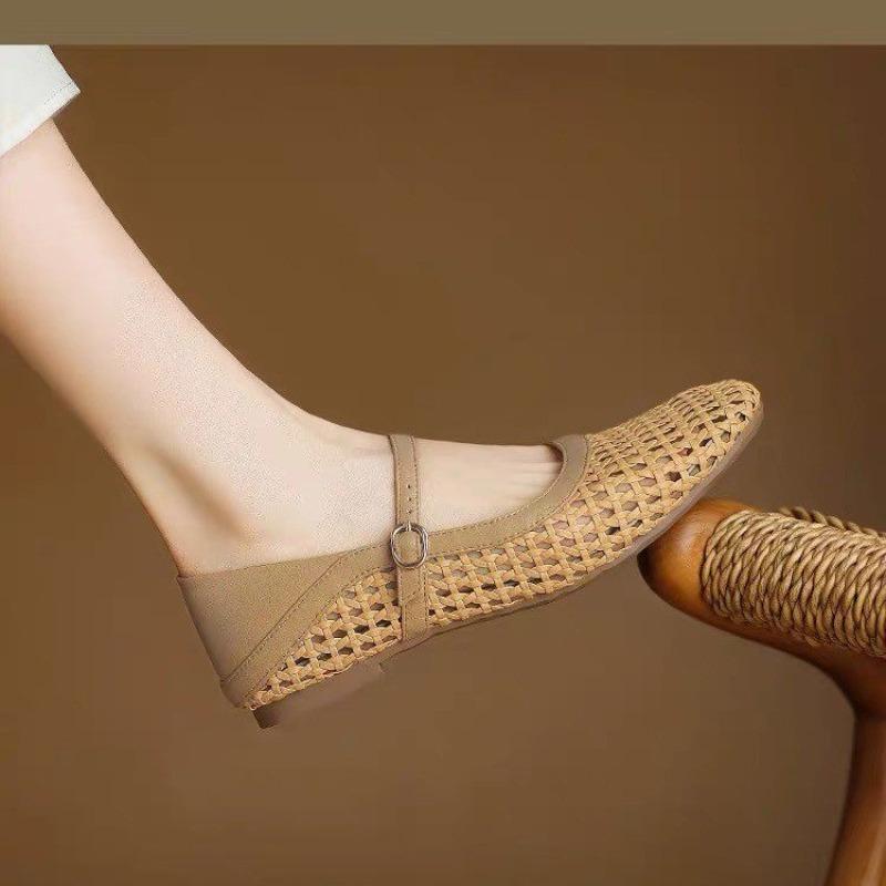 Fashion Woven Cutout Flat Single Shoes Women's Summer New Square Toe Shallow Mouth One Strap Soft Sole Mary Jane Sandals