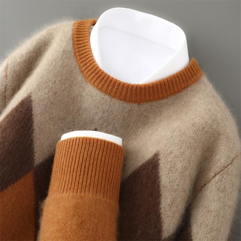 Men's Retro Diamond Pattern 100% Wool Sweater - Thick Knit Round Neck Pullover for Autumn/Winter
