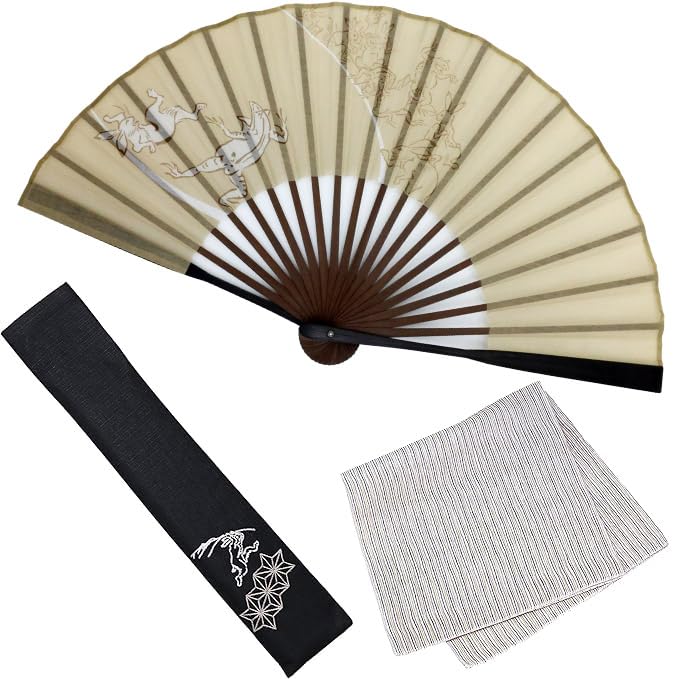 

[Osaka Choseido] Men s Stylish Folding Fan, Business Style, with Folding Case and Handkerchief, Wayuu, Beige