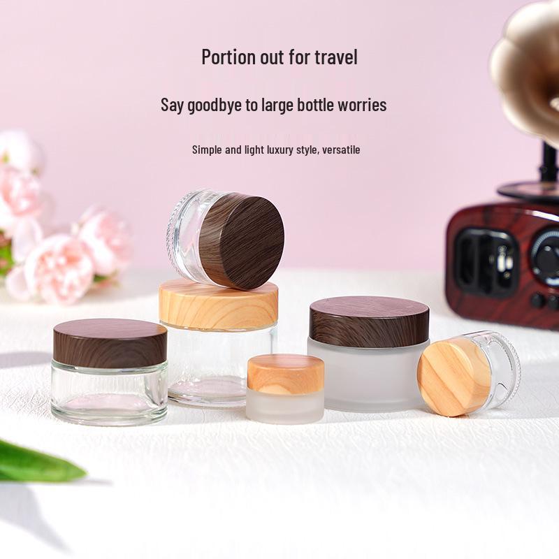 Travel Size Cosmetic Cream Bottle with Wood Grain Lid for Skincare and Makeup Remover