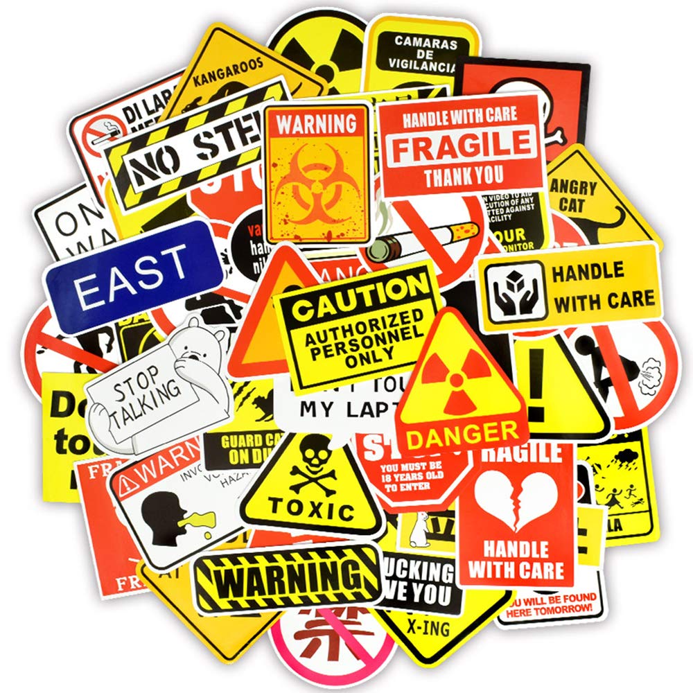 

YRSTNB 50pcs Warning Stickers No Hazard Sign Reminder Waterproof Decal DIY Laptop Bike Luggage Snowboard Car