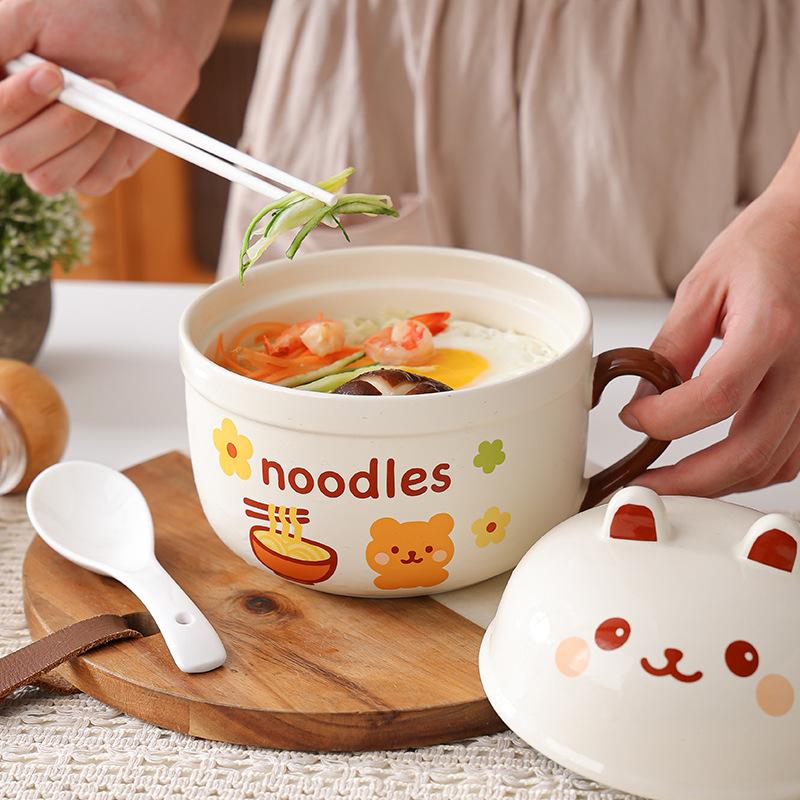 Ceramic Instant Noodle Bowl with Lid Spoon Soup Bowl Microwave Oven Student Dormitory Rice Bowl Instant Noodle Bowl Office Worker Bento Box