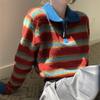 American Vintage Stripe Polo Neck Knit Sweater Women Spring and Autumn Long Sleeve Sweater Unique Short Sweater Pullover Femalep