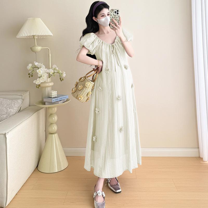 

2026 Summer Maternity V-Neck Dress with 3D Floral Design M абрикосовий